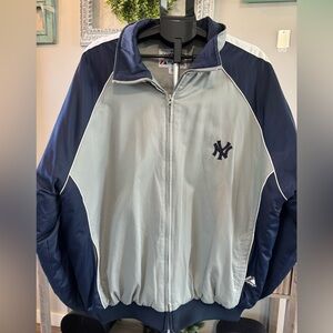 Majestic Blue and Gray Varsity Bomber Jacket with NY Logo